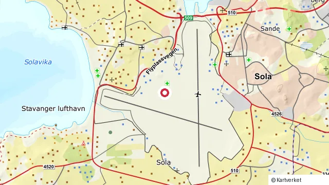 Kart som viser hvor Stavanger lufthavn Sola ligger